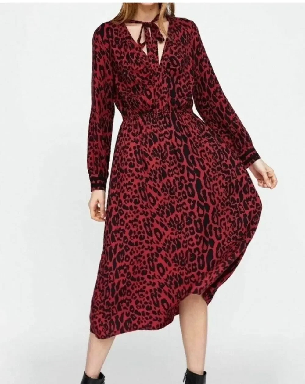 Zara Womens Red Leopard Print Midi Dress Tie Sz L - Picture 1 of 6